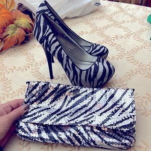 2for1 Zebra sparkly print black/silver stilettos and matching clutch bag